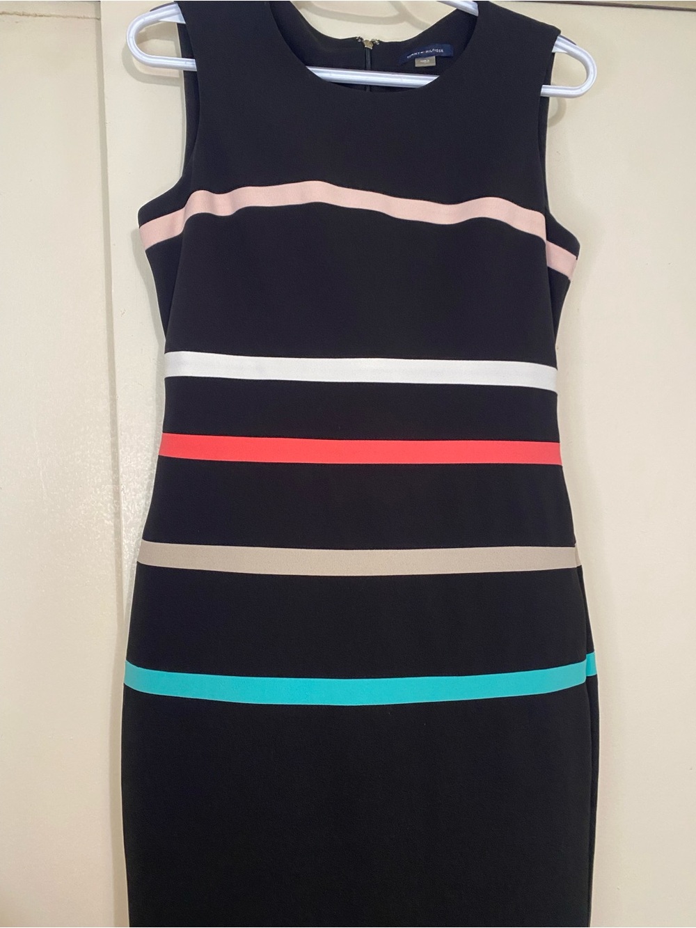 Tommy Hillfiger 6  Black Midi Sheath Dress w/colored Stripes country club chic